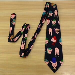 Vintage Silk Tie Mens Navy Blue Pig Print Novelty Funny Animal Farm Wide ROSETTI